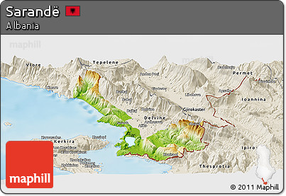 Physical Panoramic Map of Sarandë, shaded relief outside