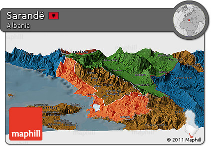 Political Panoramic Map of Sarandë, darken