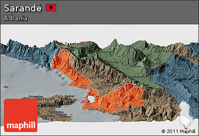 Political Panoramic Map of Sarandë, darken, semi-desaturated