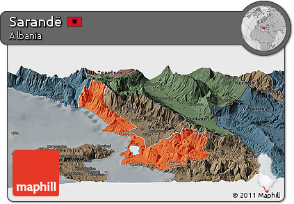 Political Panoramic Map of Sarandë, darken, semi-desaturated