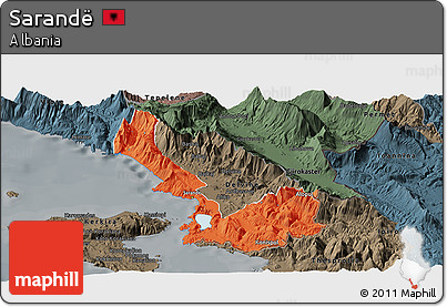 Political Panoramic Map of Sarandë, darken, semi-desaturated