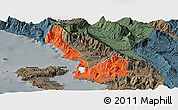 Political Panoramic Map of Sarandë, darken, semi-desaturated
