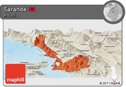 Political Panoramic Map of Sarandë, shaded relief outside