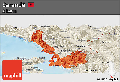 Political Panoramic Map of Sarandë, shaded relief outside