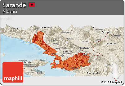Political Panoramic Map of Sarandë, shaded relief outside
