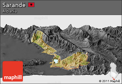 Satellite Panoramic Map of Sarandë, darken, desaturated