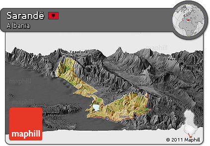 Satellite Panoramic Map of Sarandë, darken, desaturated