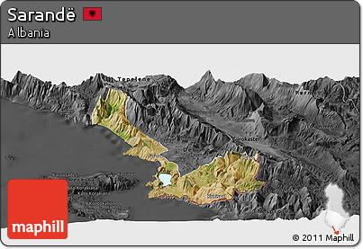 Satellite Panoramic Map of Sarandë, darken, desaturated