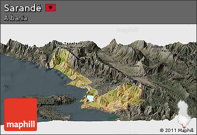 Satellite Panoramic Map of Sarandë, darken, semi-desaturated