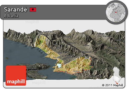 Satellite Panoramic Map of Sarandë, darken, semi-desaturated