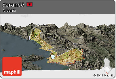 Satellite Panoramic Map of Sarandë, darken, semi-desaturated