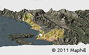 Satellite Panoramic Map of Sarandë, darken, semi-desaturated