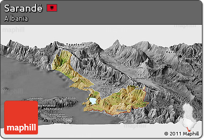 Satellite Panoramic Map of Sarandë, desaturated