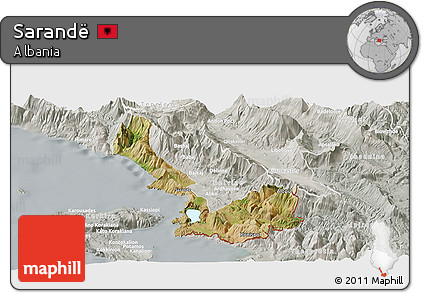 Satellite Panoramic Map of Sarandë, lighten, semi-desaturated