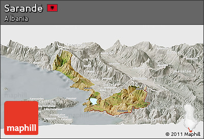 Satellite Panoramic Map of Sarandë, lighten, semi-desaturated