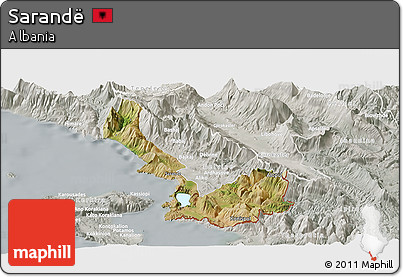 Satellite Panoramic Map of Sarandë, lighten, semi-desaturated