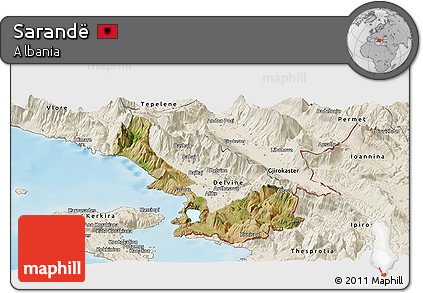 Satellite Panoramic Map of Sarandë, shaded relief outside