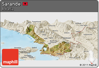 Satellite Panoramic Map of Sarandë, shaded relief outside