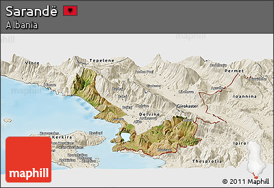 Satellite Panoramic Map of Sarandë, shaded relief outside