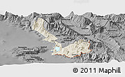 Shaded Relief Panoramic Map of Sarandë, darken, desaturated