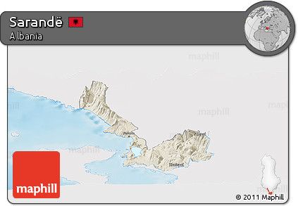 Shaded Relief Panoramic Map of Sarandë, single color outside