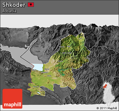 Satellite 3D Map of Shkodër, darken, desaturated