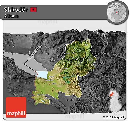 Satellite 3D Map of Shkodër, darken, desaturated