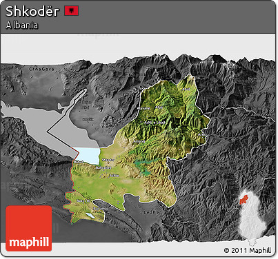 Satellite 3D Map of Shkodër, darken, desaturated