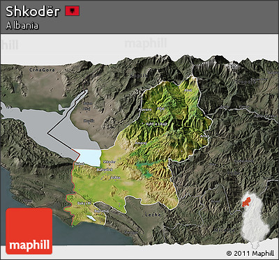 Satellite 3D Map of Shkodër, darken, semi-desaturated