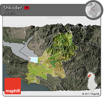 Satellite 3D Map of Shkodër, darken, semi-desaturated