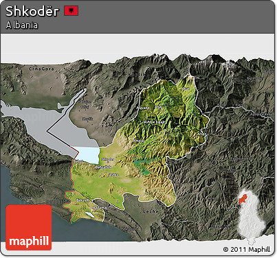 Satellite 3D Map of Shkodër, darken, semi-desaturated