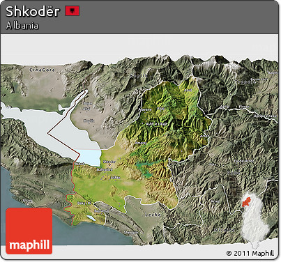 Satellite 3D Map of Shkodër, semi-desaturated