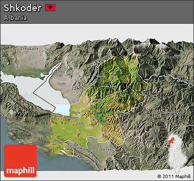 Satellite 3D Map of Shkodër, semi-desaturated