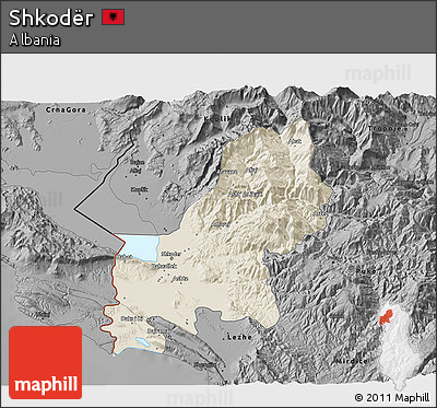 Shaded Relief 3D Map of Shkodër, darken, desaturated