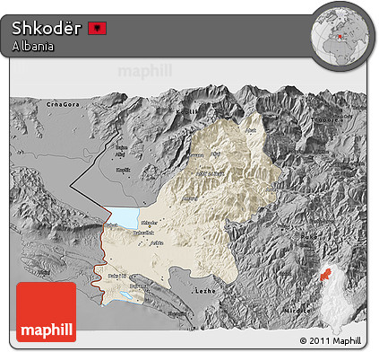 Shaded Relief 3D Map of Shkodër, darken, desaturated