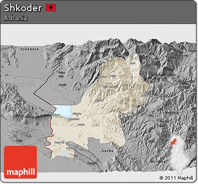 Shaded Relief 3D Map of Shkodër, darken, desaturated
