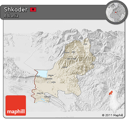 Shaded Relief 3D Map of Shkodër, lighten, desaturated