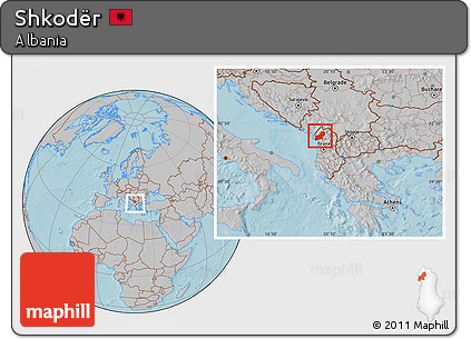 Gray Location Map of Shkodër, within the entire country, hill shading