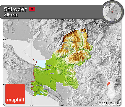 Physical Map of Shkodër, lighten, desaturated