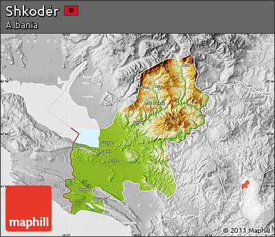 Physical Map of Shkodër, lighten, desaturated