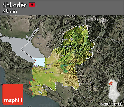 Satellite Map of Shkodër, darken, semi-desaturated
