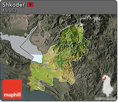 Satellite Map of Shkodër, darken, semi-desaturated
