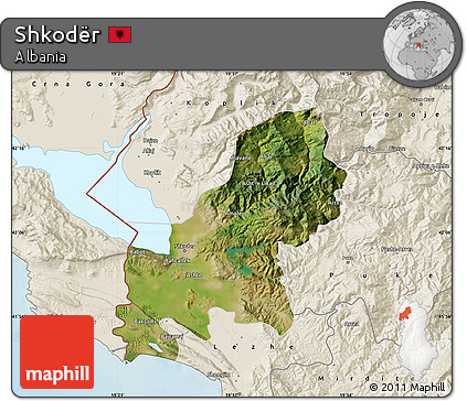 Satellite Map of Shkodër, shaded relief outside