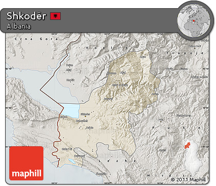 Shaded Relief Map of Shkodër, semi-desaturated