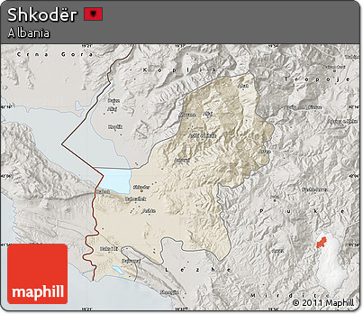 Shaded Relief Map of Shkodër, semi-desaturated