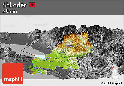 Physical Panoramic Map of Shkodër, darken, desaturated
