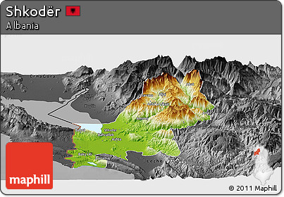 Physical Panoramic Map of Shkodër, darken, desaturated