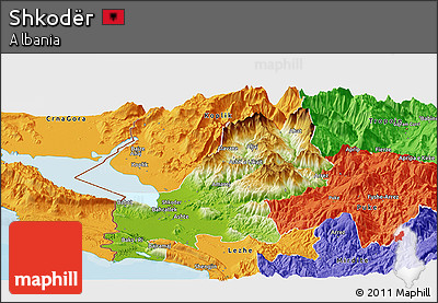 Physical Panoramic Map of Shkodër, political outside