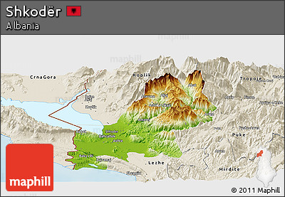 Physical Panoramic Map of Shkodër, shaded relief outside
