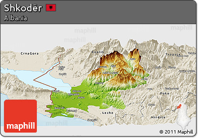 Physical Panoramic Map of Shkodër, shaded relief outside
